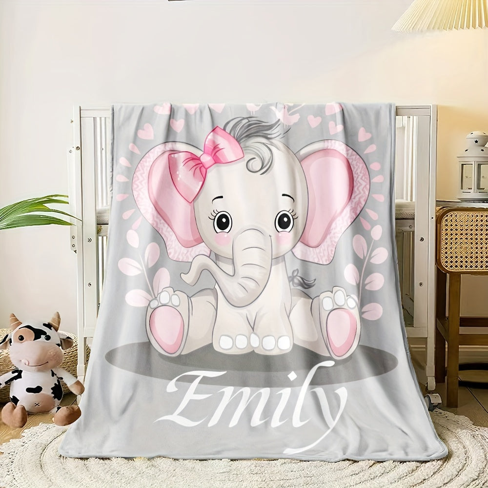 Personalized Elephant Flannel Throw Blanket with Custom Name Cozy All-Season Bed Couch Travel
