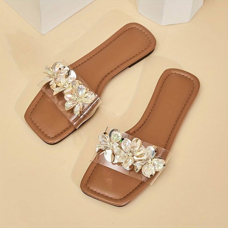 Women's Rhinestone Floral Slip-On Sandals with Square Toe and Flat Soft Sole