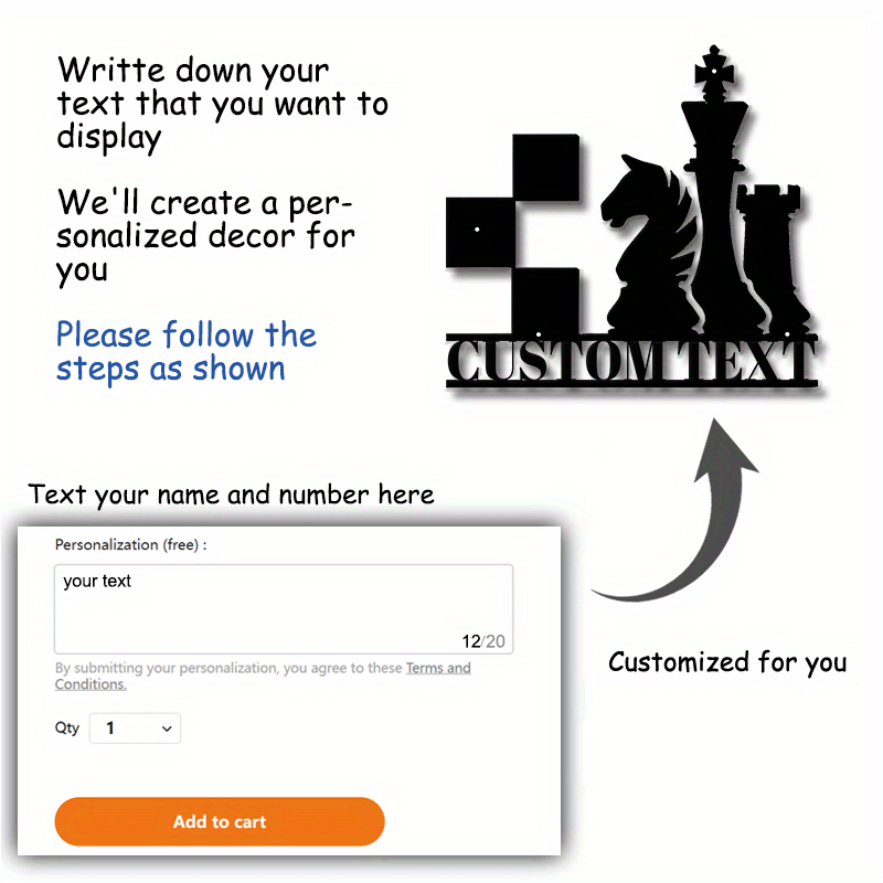 Personalized Black Metal Chess Piece Wall Decor Customizable Hanging Sign for Home