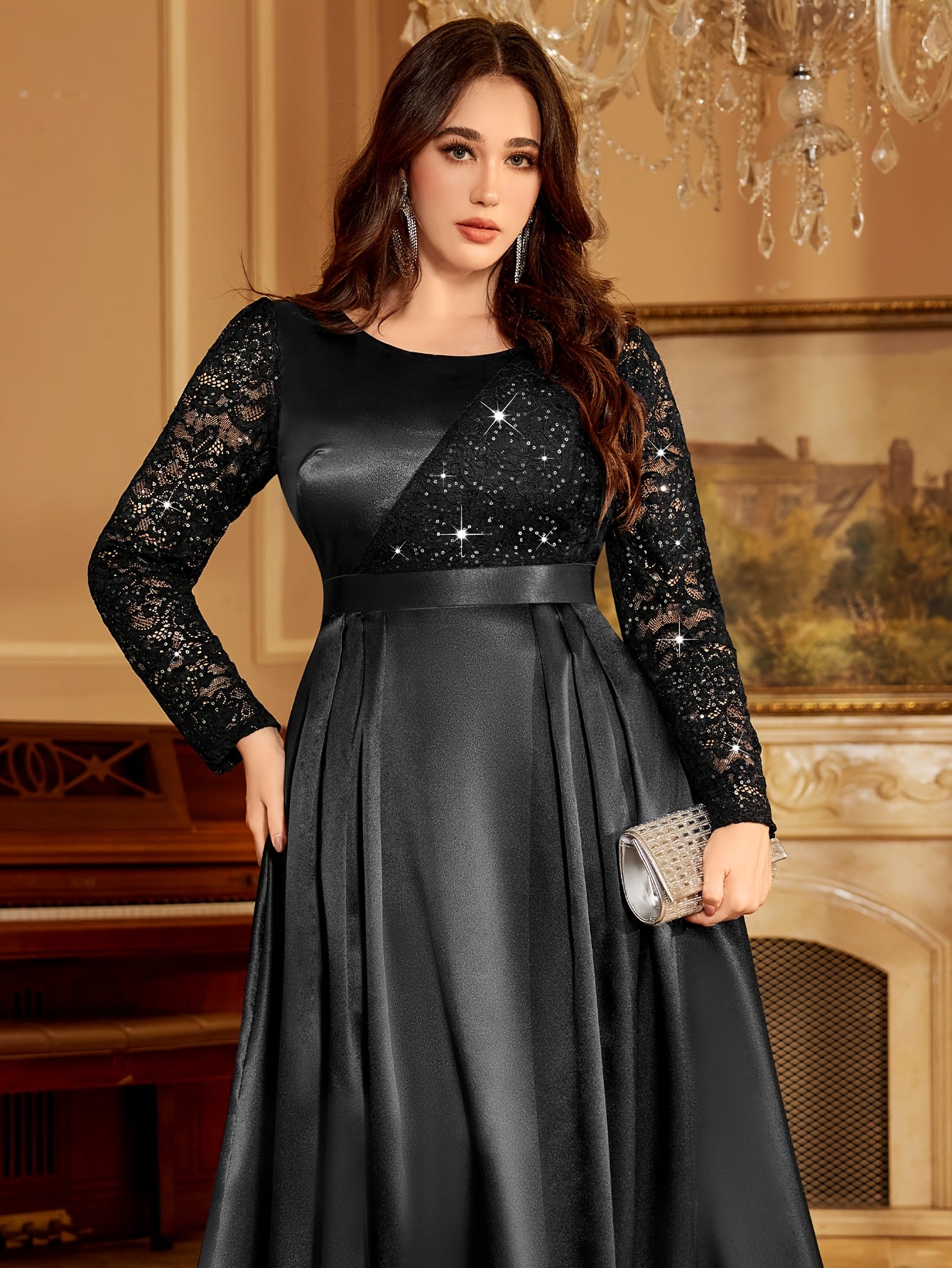 Plus Size Women's Satin Lace Wedding Dress Sequin Embellished Mermaid Evening Gown