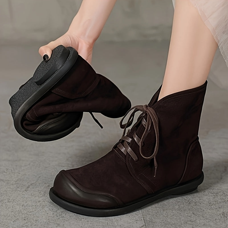 Women Leather Ankle Boots Casual Lace-Up Rubber Sole Winter Solid Color