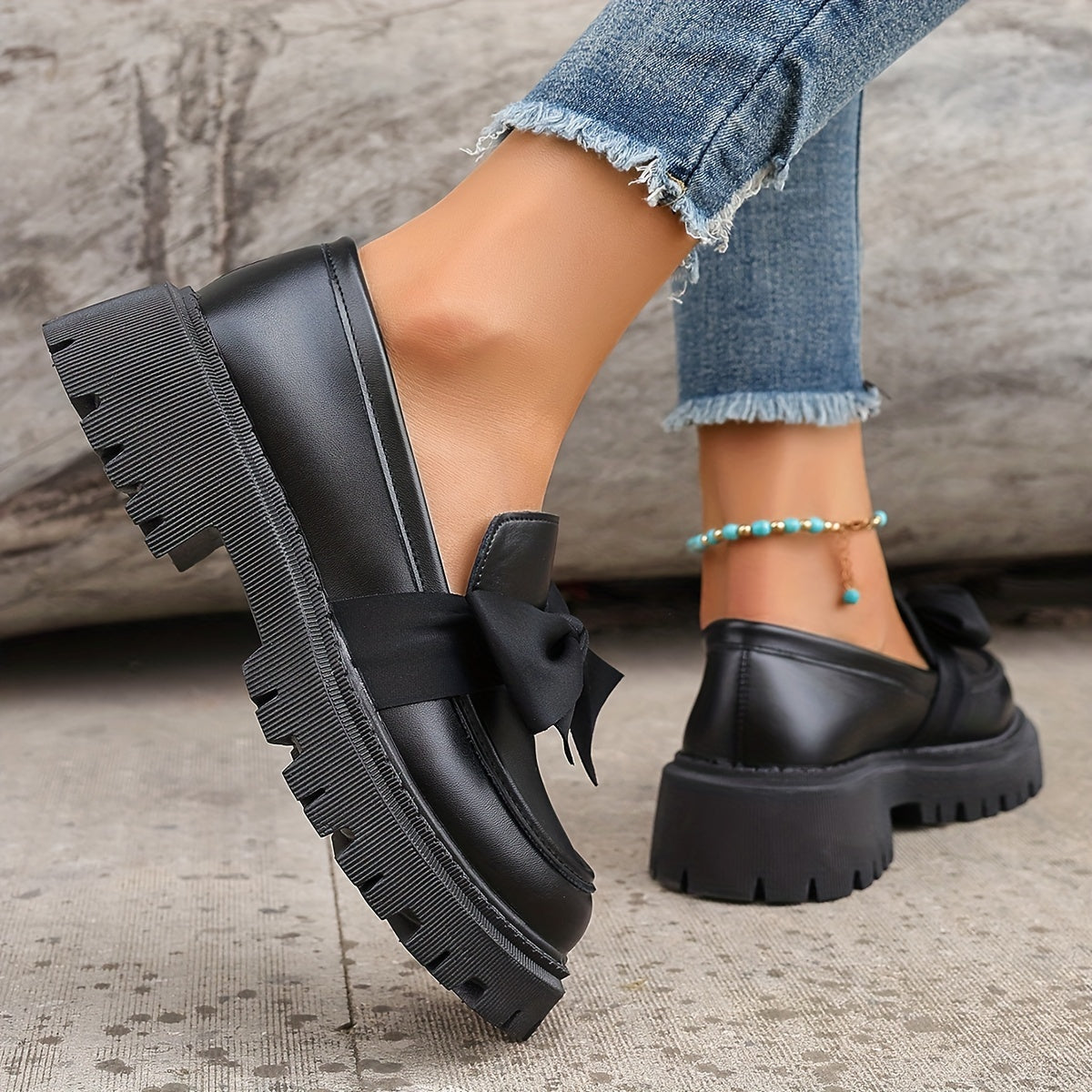 Women’s Synthetic Leather Slip-On Penny Loafers with Bow Flats