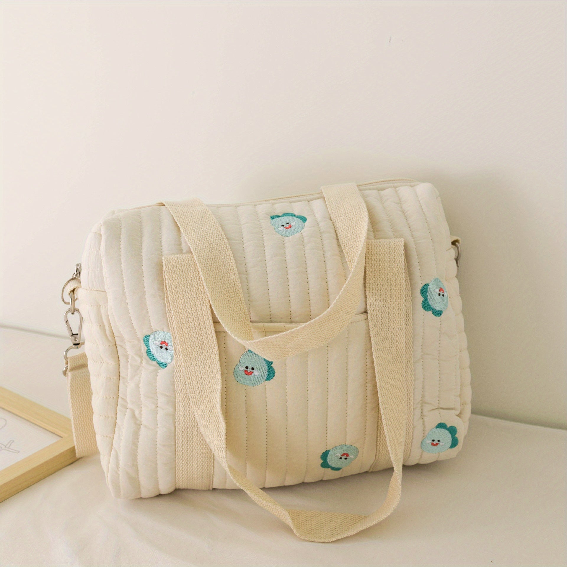 Embroidered bej paxta matodan tayyorlangan bolalar choyshab sumkasi, katta stroller tashkilotchisi, sayohat qilayotgan ota-onalar uchun ko‘p funksiyali tote