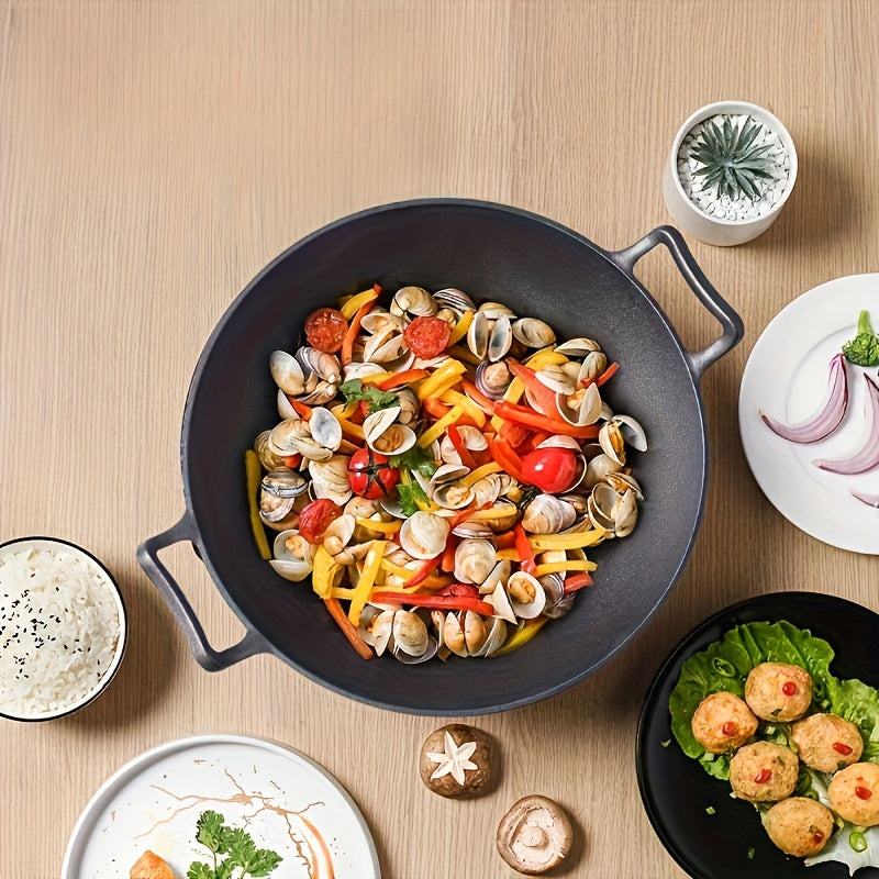 Cast Iron Wok with Lid Double Handles Thickened for Gas Induction Electric Stovetops