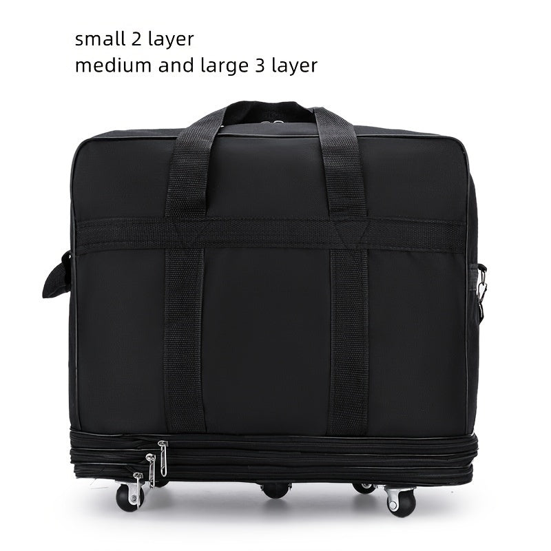Multilayer Wheeled Duffel Bag Lightweight Nylon Travel Trolley Suitcase Black