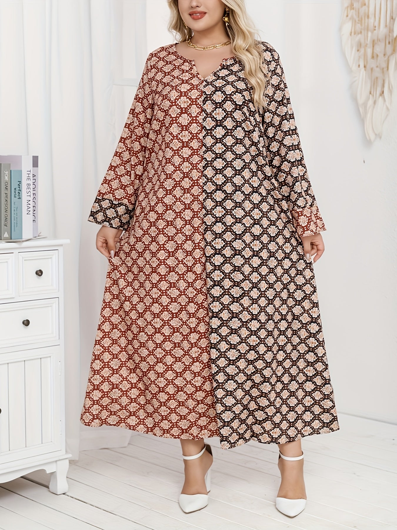 Ayollar uchun polyester V-yengli tunik kiyiq, barcha mavsumlar uchun erkin fit, bosma