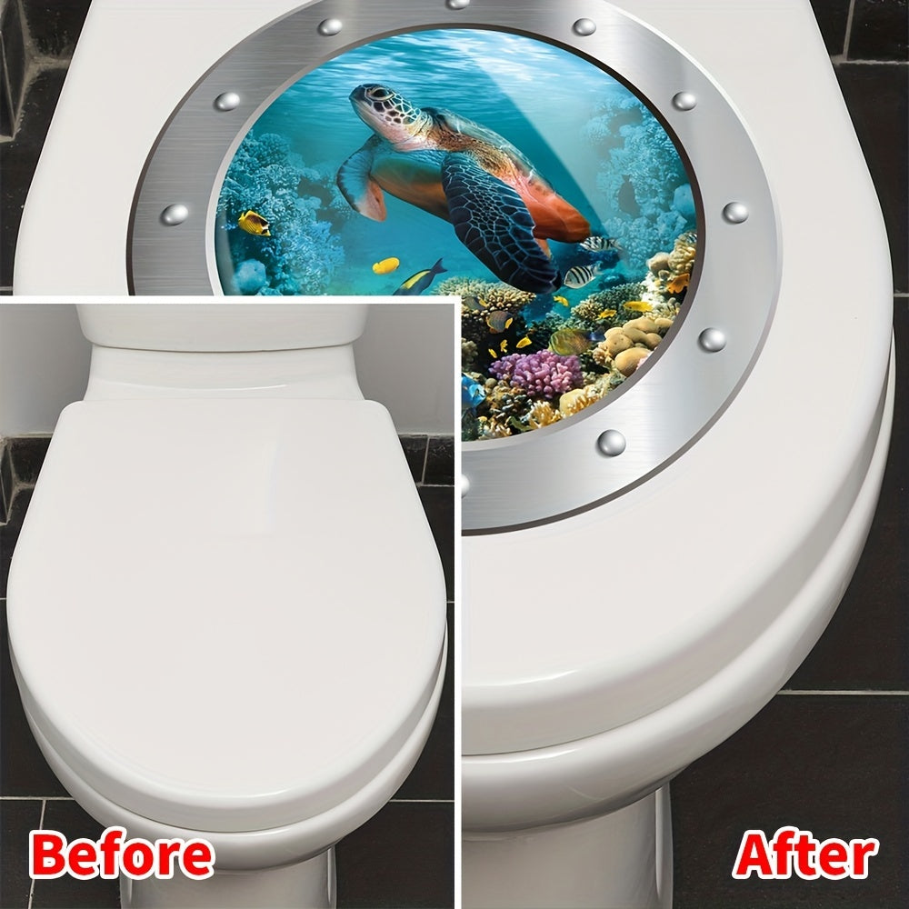 3D Turtle Toilet Sticker with Fake Submarine Window Pattern Self-Adhesive Lid Decal