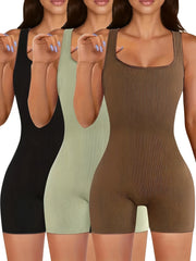 Women's Solid Ribbed Sleeveless Square Neck Lounge Romper Set with Slim Fit Polyester Spandex