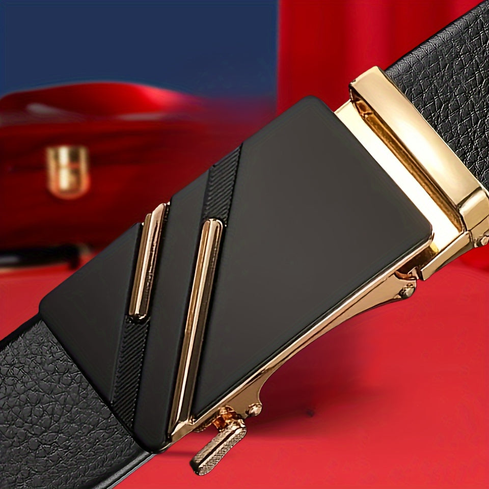 Men's Business Casual Belt Automatic Buckle Double-Bar Lychee Pattern Adjustable PU