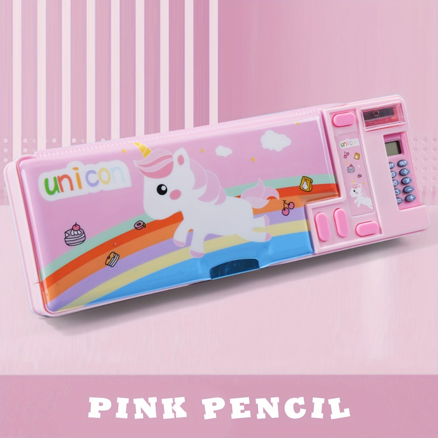 Kids Pencil Case with Calculator and Desk Organizer Pink Purple Design