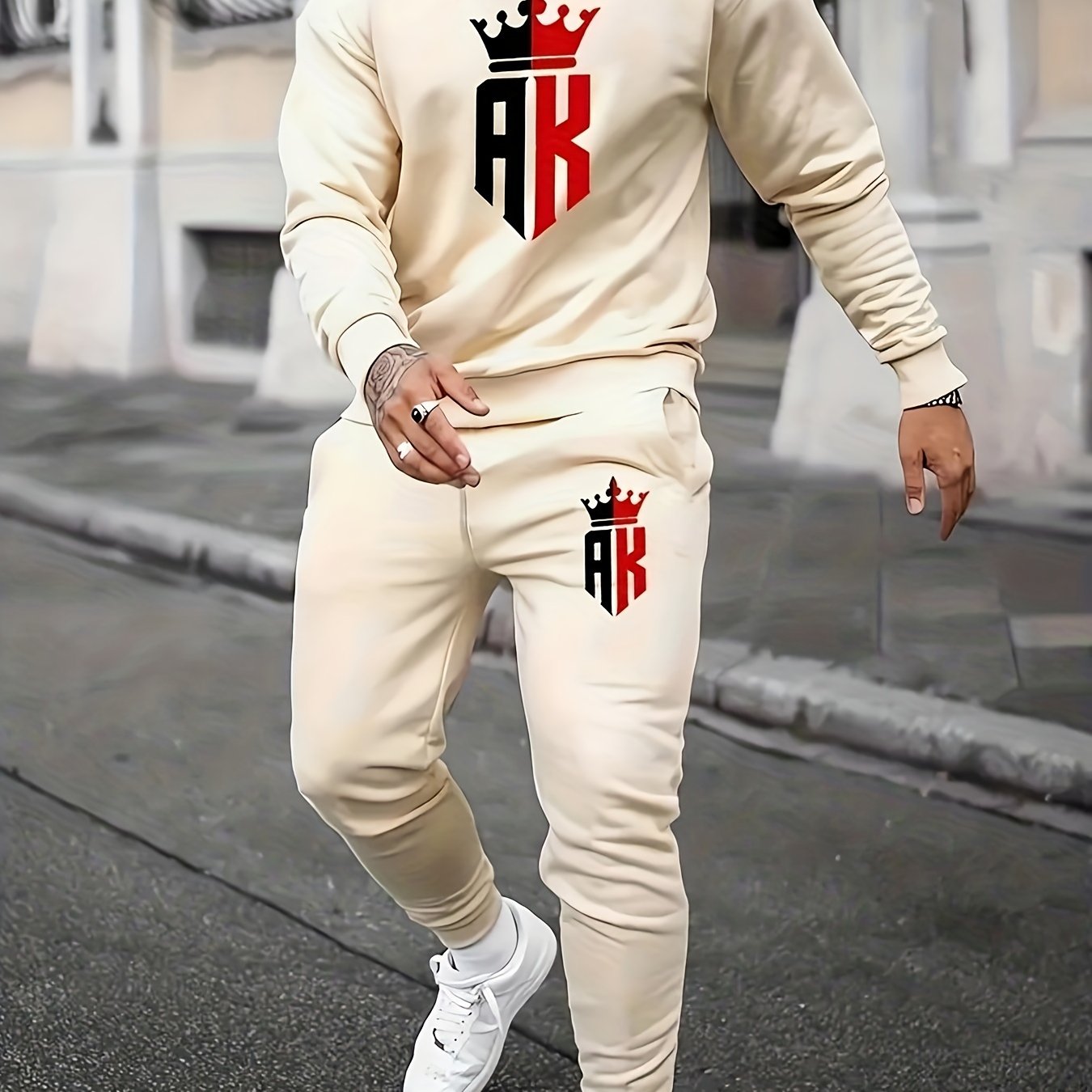 Men's Casual Sports Style Pajama Set with Long Sleeve Crew Neck and Polyester Fabric