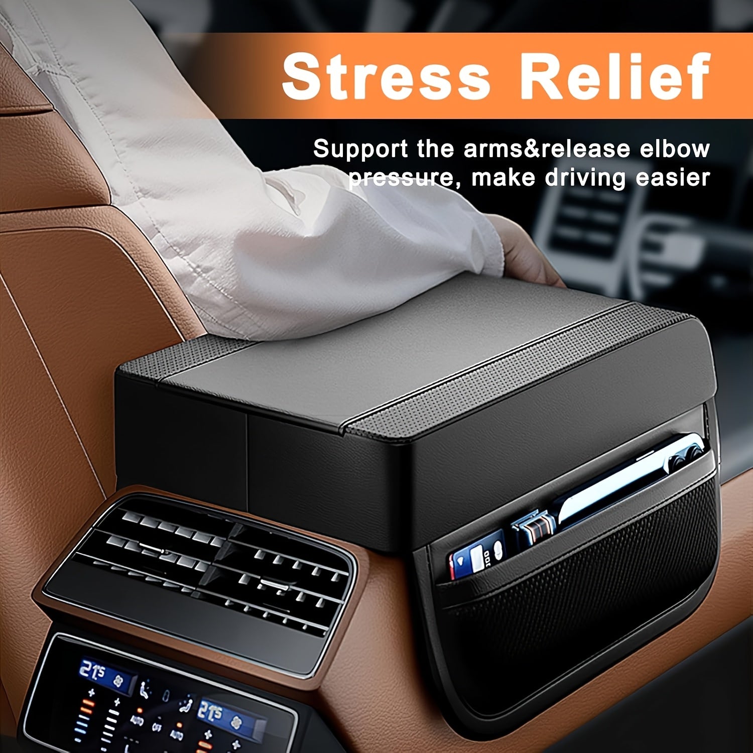 Universal Car Armrest Cushion with Memory Foam Black Ergonomic Support