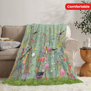Flannel Blanket with Flower and Bird Pattern Cozy Soft Sofa Throw for All Seasons