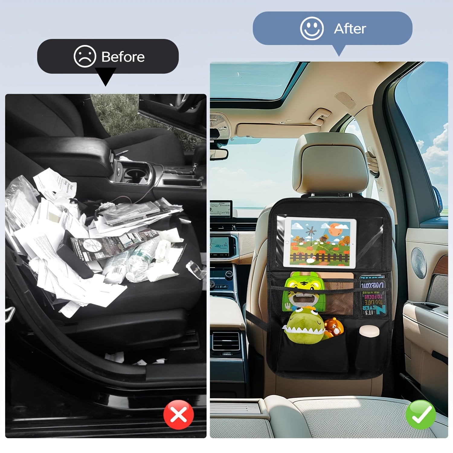 Organizador de asiento para coche con bolsa de almacenamiento y bandeja para snacks y juguetes