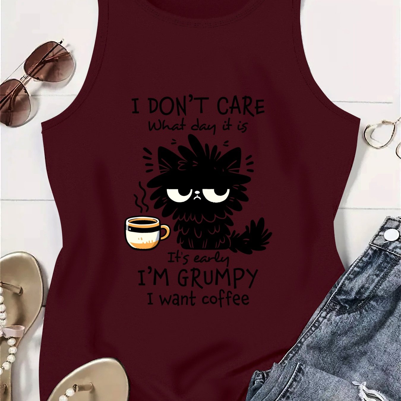 Plus Size Women's Black Cat Graphic Tank Top Breathable Sleeveless Shirt