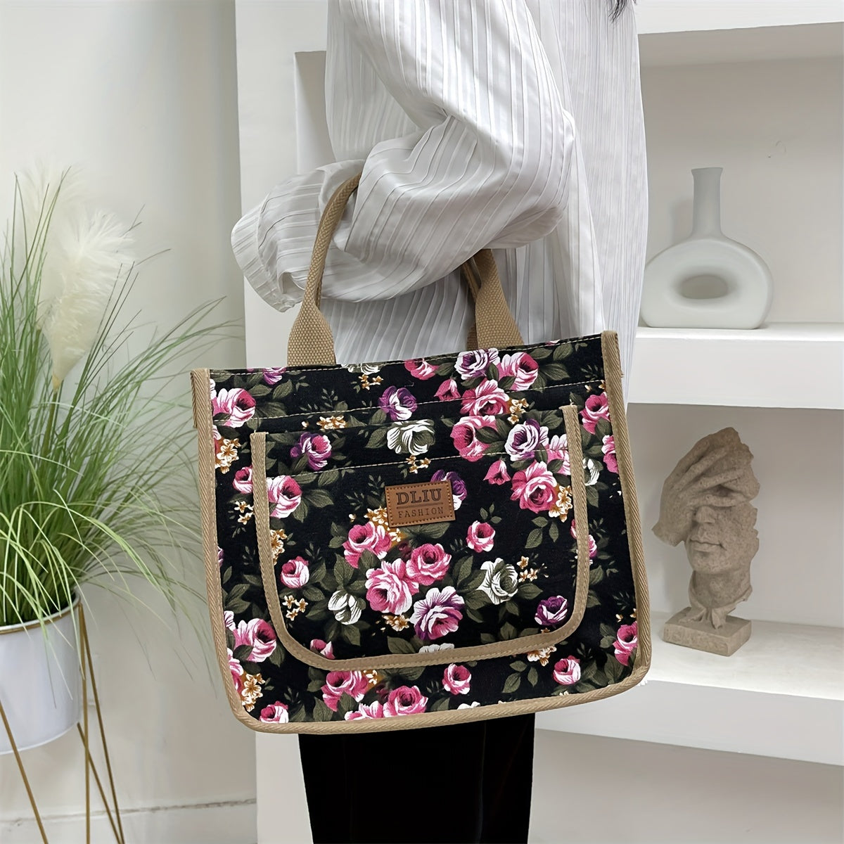 Floral Print Canvas Tote Bag with Zipper Closure and Fixed Shoulder Straps for Daily Commute Black Beige Green