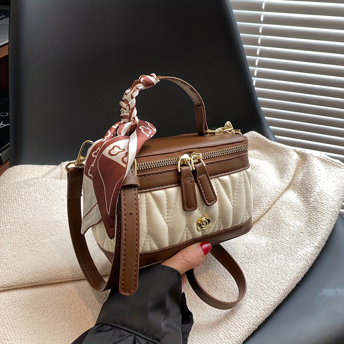 Quilted Box Handbag for Women with Contrast Crossbody Strap Black Coffee PU Embroidered Pattern