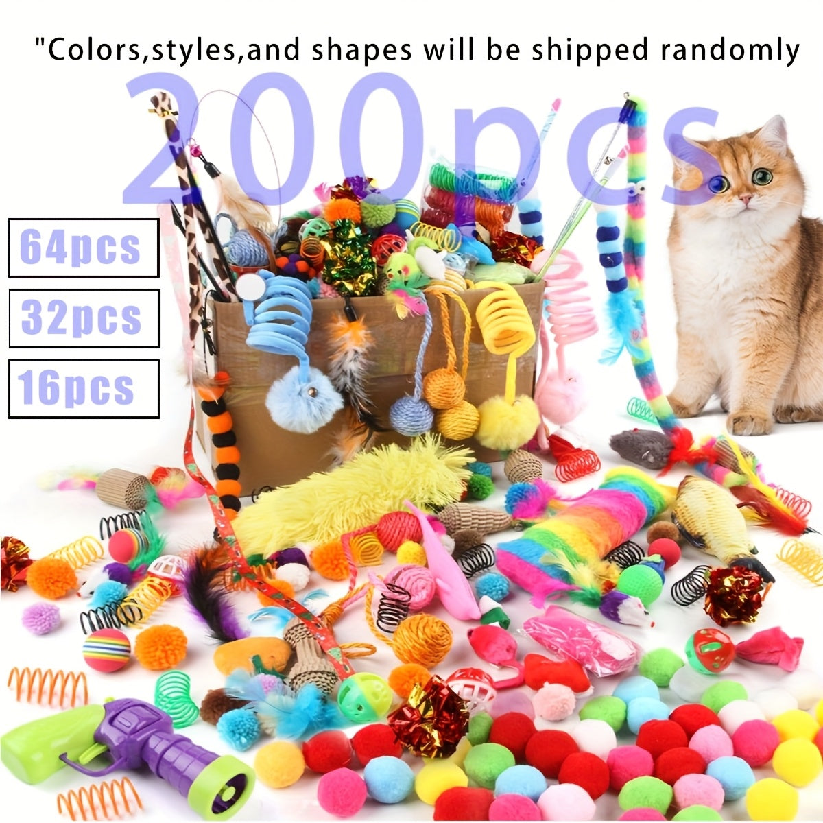 Mixed Pack of 200 Cat Toys in Plastic and Plush for Multiple Cats with Varied Colors and Shapes
