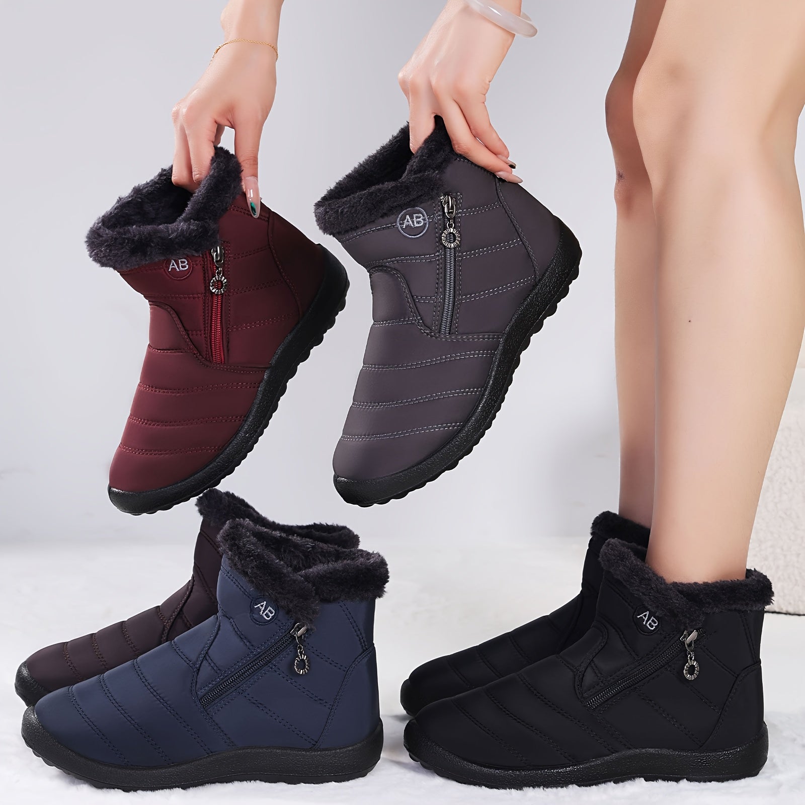 Women's Plush-Lined Winter Snow Boots with Side Zipper Faux Fur Collar