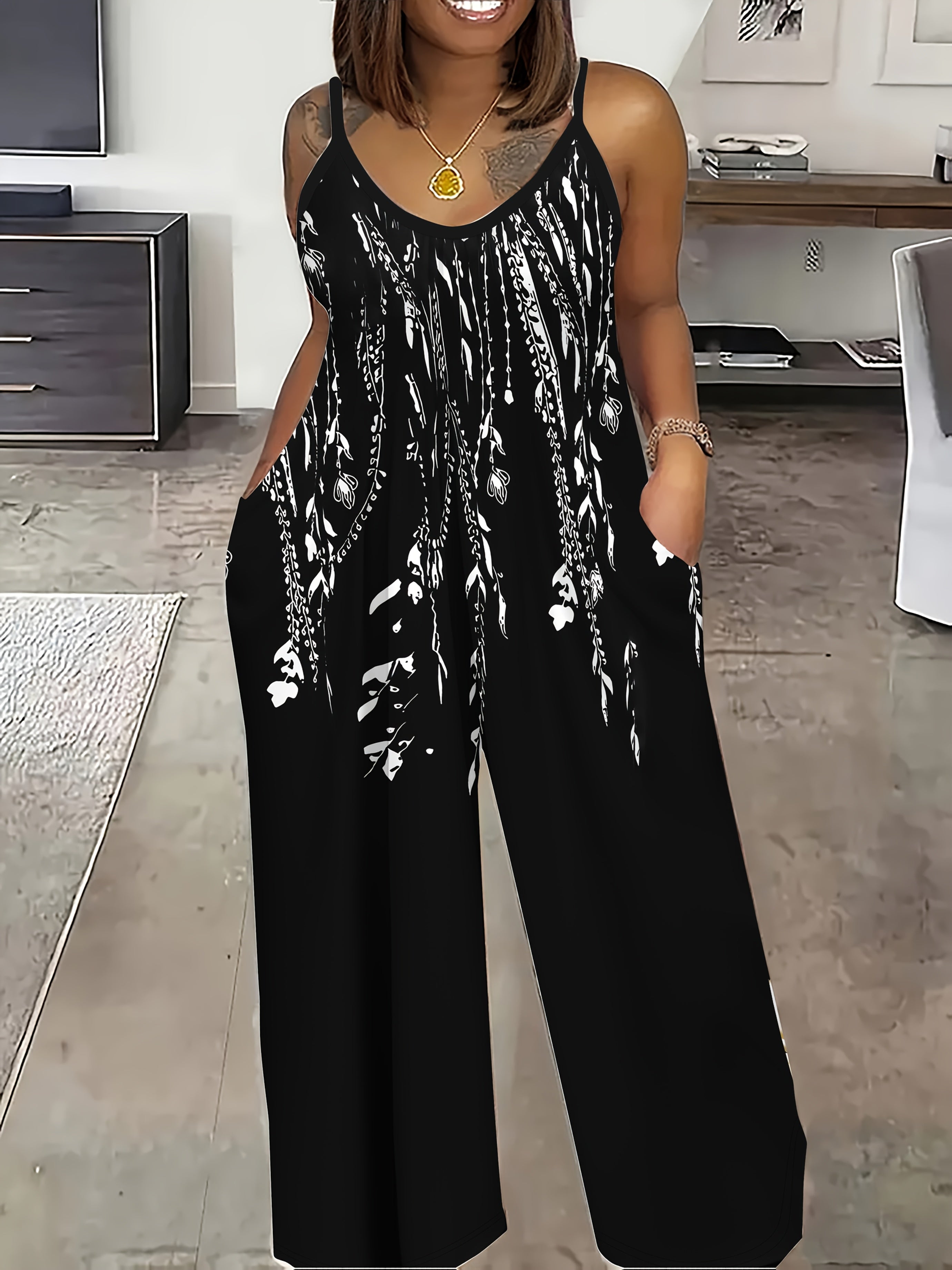 Women's Sleeveless Geometric Print Jumpsuit with Pockets and Spaghetti Straps