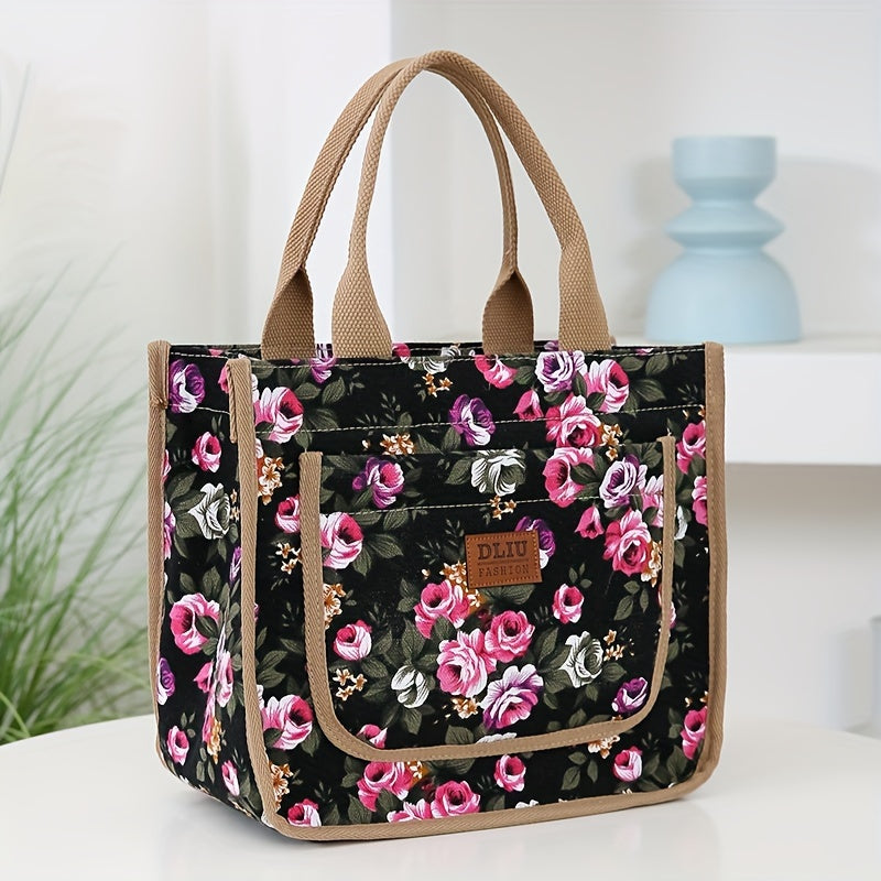 Floral Print Canvas Tote Bag with Zipper Closure and Fixed Shoulder Straps for Daily Commute Black Beige Green