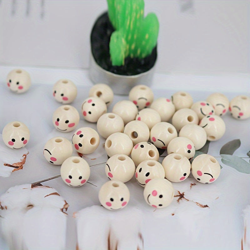 Round Wooden Beads with Happy Face Pattern for DIY Jewelry and Crafts 10mm 12mm 14mm 16mm 25mm Pack of 20 50 or 100