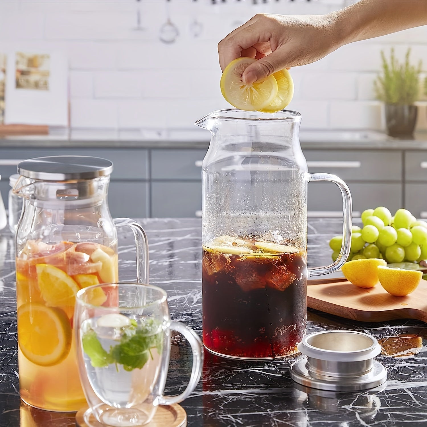 Large Glass Pitcher with Lid and Spout for Hot Cold Beverages 1.5L