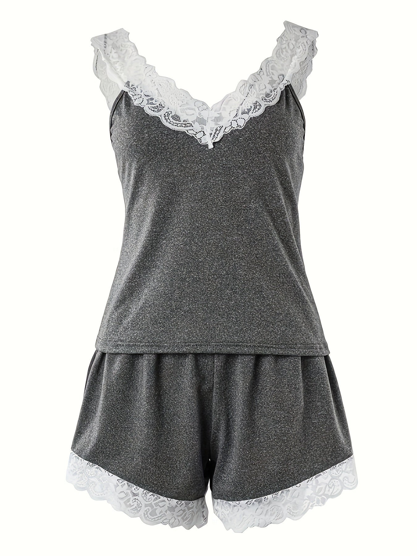 Gray Lace-Trimmed Pajama Set for Women V-Neck Crop Top Shorts Polyester Blend Spring Summer