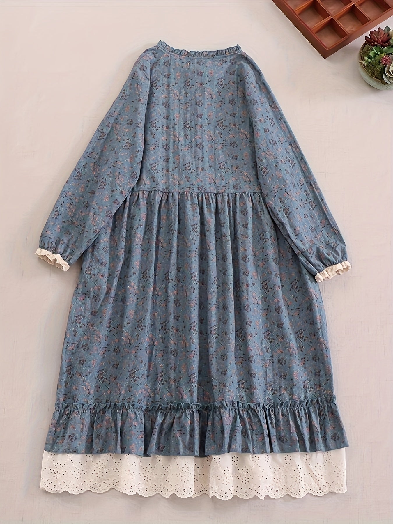 Japanese Style Floral Long Sleeve Dress for Women with Lace Splicing and Linen Skirt