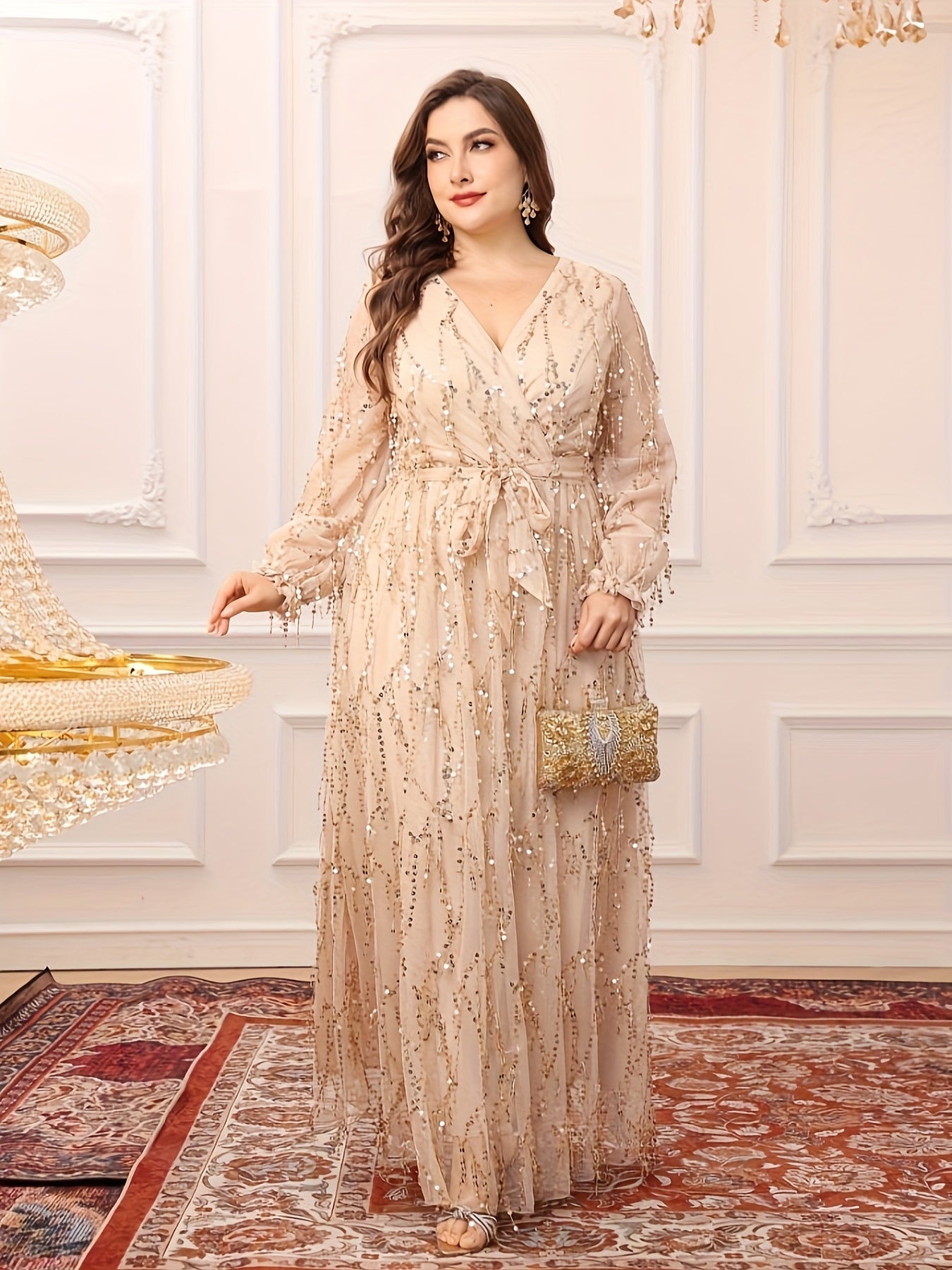 Vestido formal de noche para mujer de tallas grandes, con escote en V, lentejuelas y flecos, para promesas y damas de honor