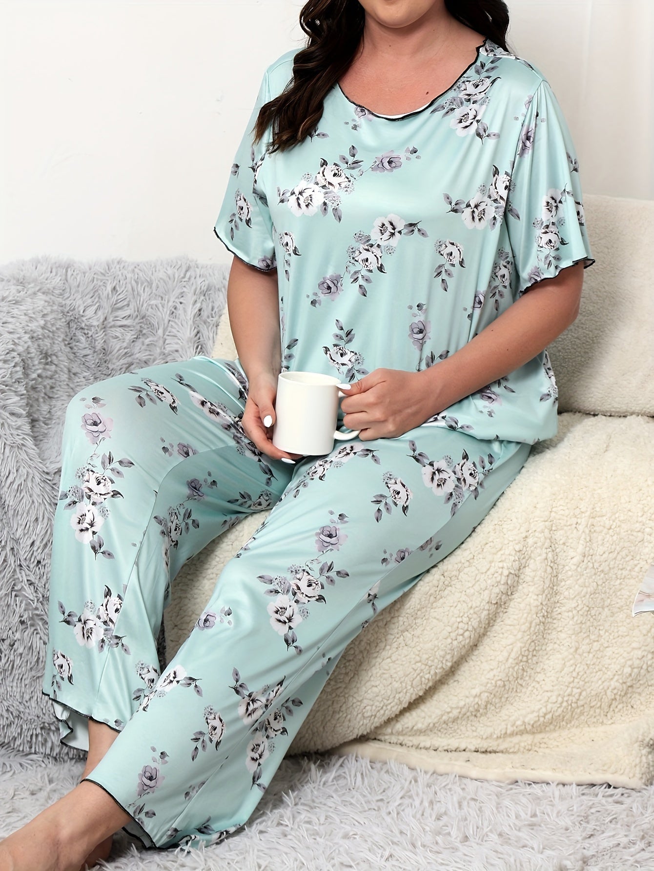 Plus Size Women's Floral Print Pajamas Set Short Sleeve Lounge Two Piece