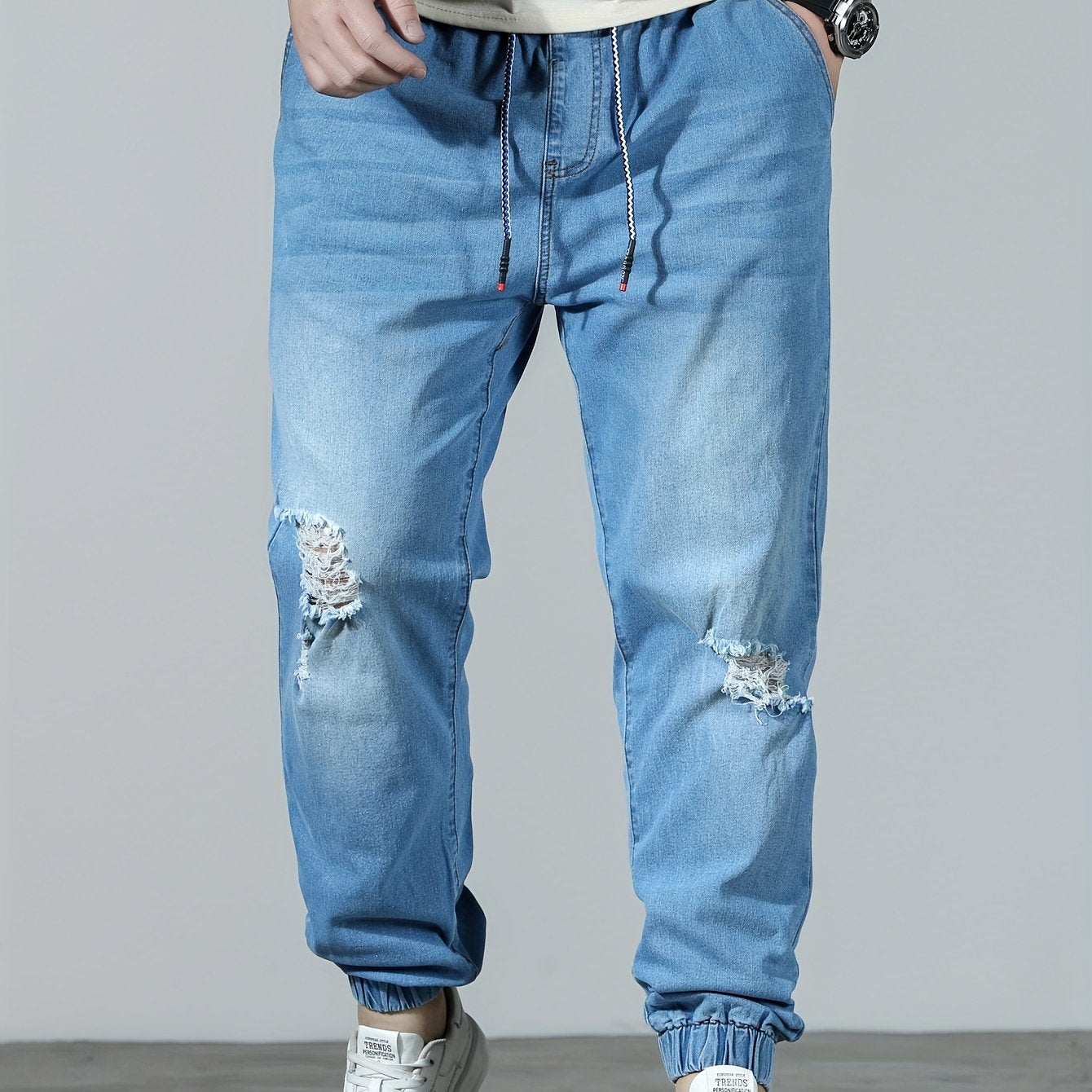 Plus Size Men's Distressed Ripped Denim Joggers Cotton Blend All-Season Casual
