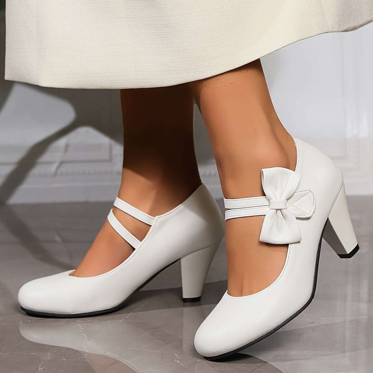 Women's Bowknot Block Heels Solid Color Dress Pumps for Going Out