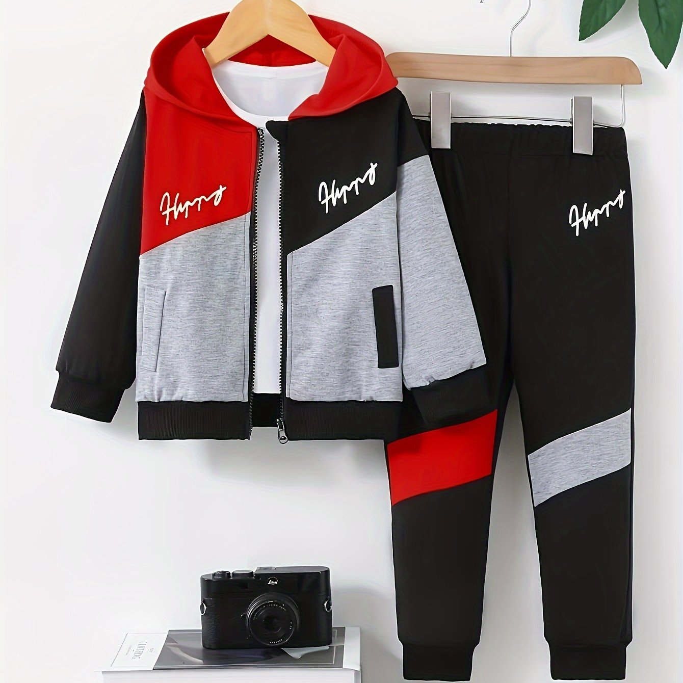 Boys Hooded Jackets Set of Two Zipper Patchwork Letter Print Spring Fall Polyester