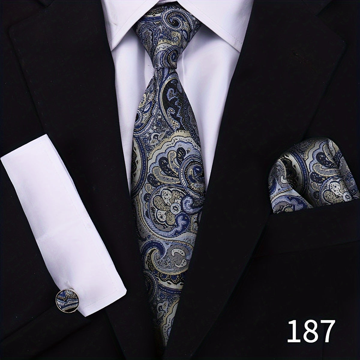 Men's Plaid Tie Set with Cufflinks and Handkerchief for Wedding and Formal Wear