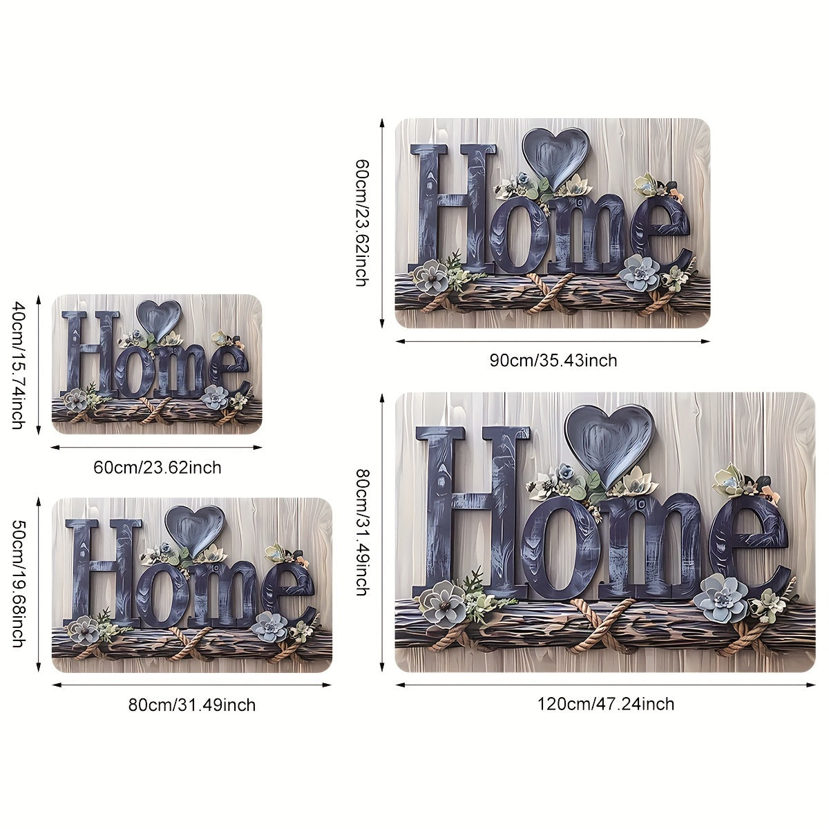 Wooden Welcome Mat with Floral Heart Design, Durable Fast-Drying Polyester Rug for Indoor Outdoor Use