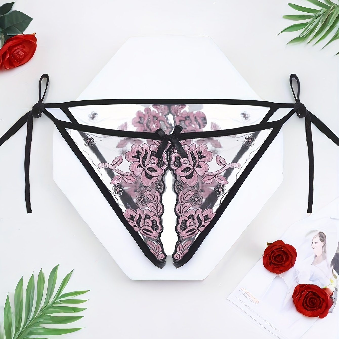 Women's Embroidered Floral Garter Thong Panties with Adjustable Slit and Knit Fabric