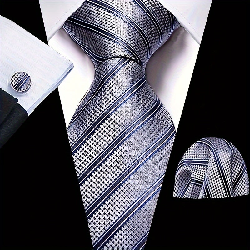 Men's Striped Necktie Cufflink Handkerchief Set for Business and Gifting