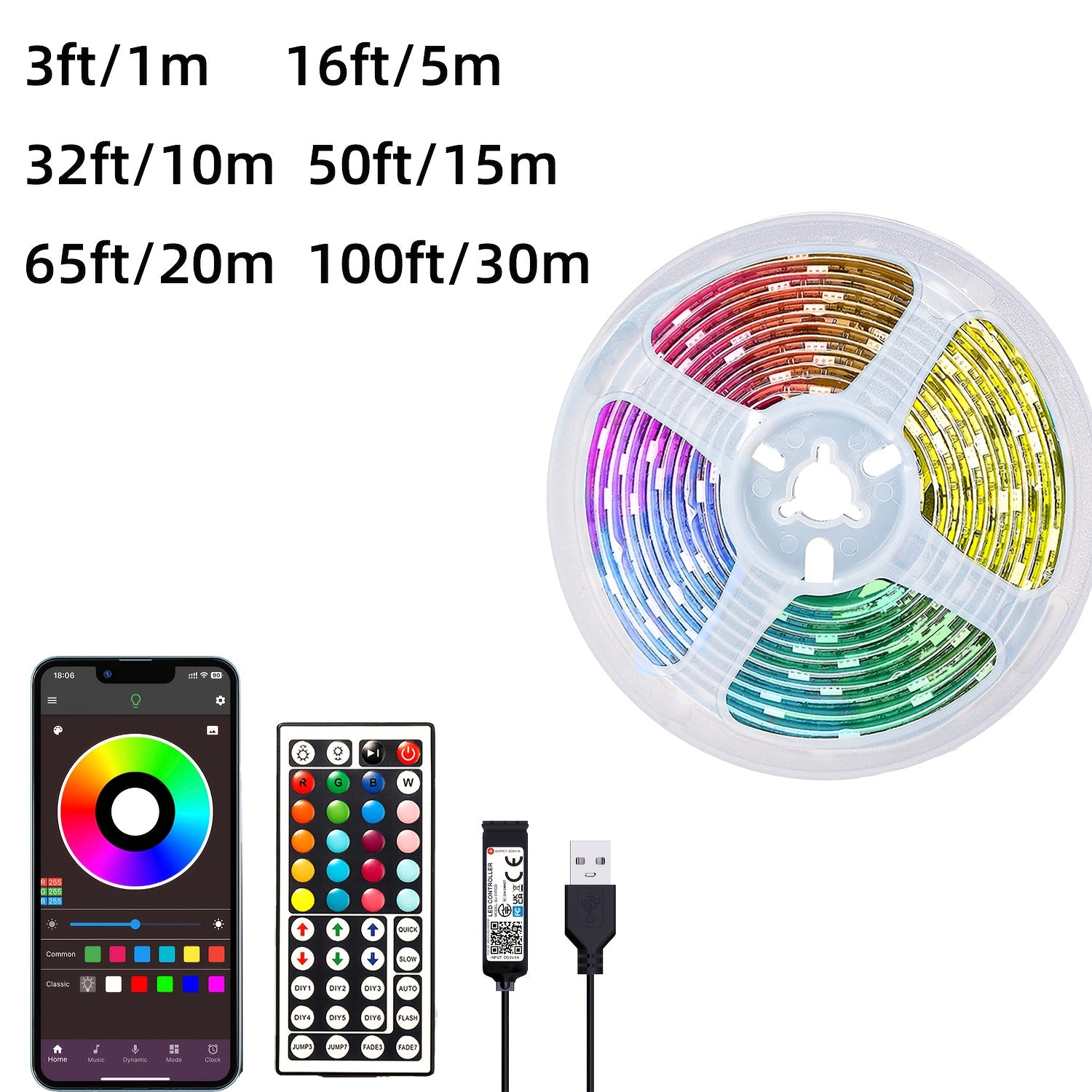 LED RGB Strip Lights 91cm-30m with Remote and App Control for Bedroom Home Decoration