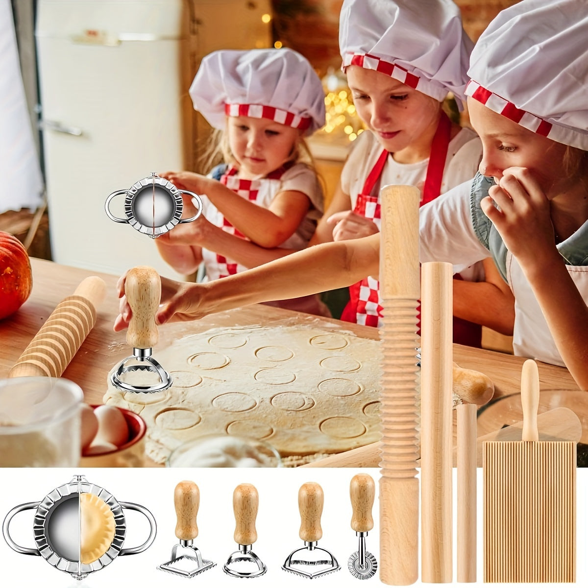 Set of 9 Pasta Making Tools Including Gnocchi Board Noodle Cutter and Ravioli Stamp