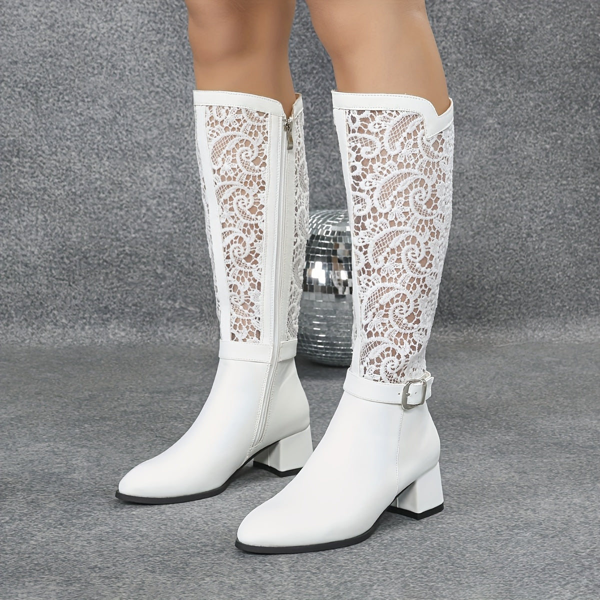 Women White Lace-Up High Heel Boots with Side Zipper for Fall Winter