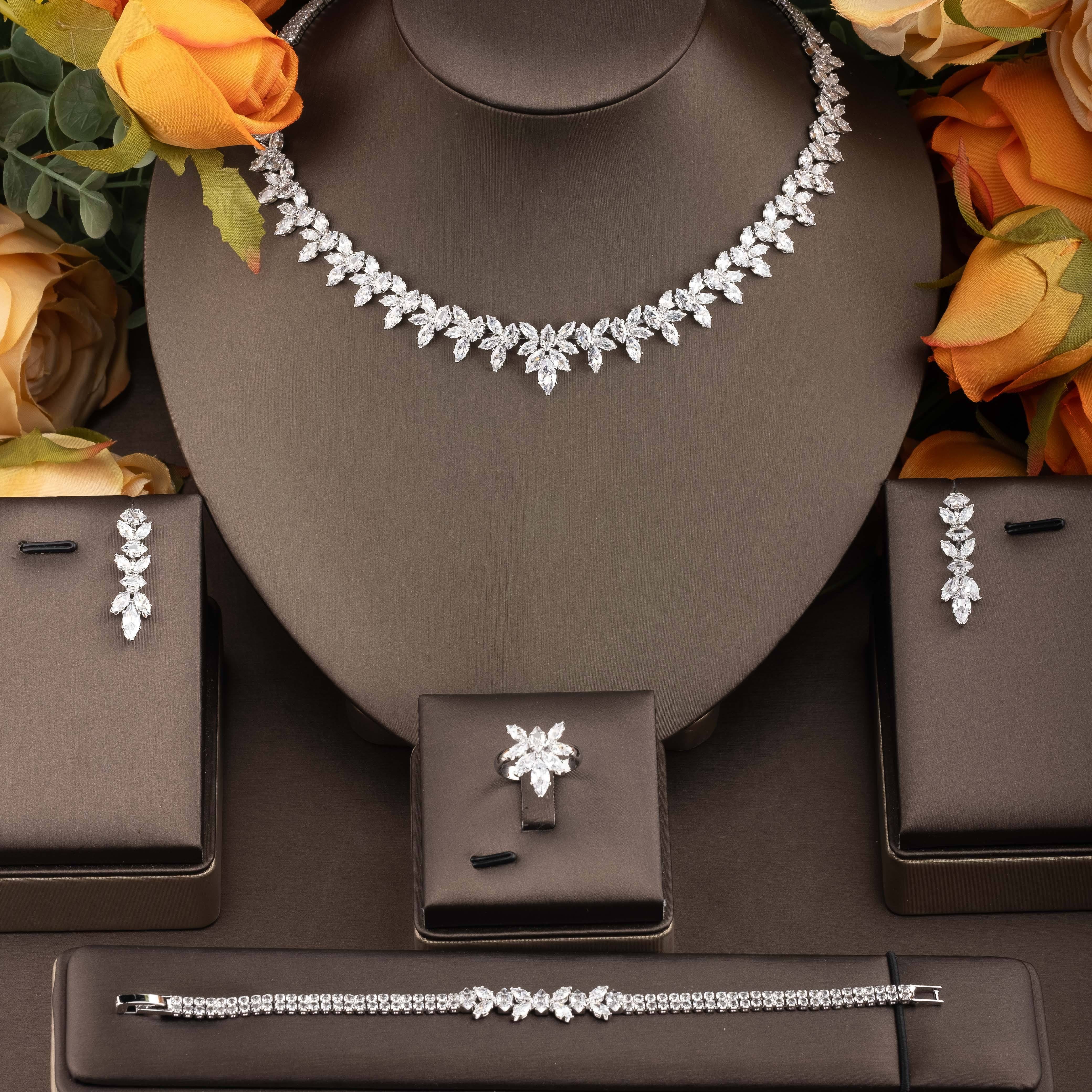 Women's Jewelry Set with Cubic Zirconia Leaf Design Necklace Earrings Ring Bracelet for Weddings and Galas