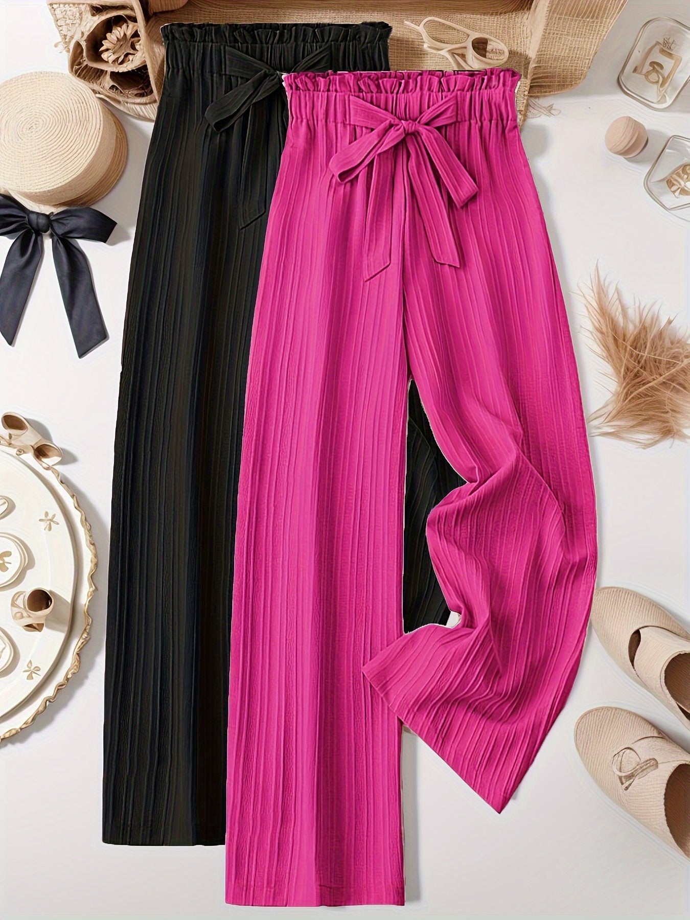 Plus Size Women’s Striped Pleated Long Pants Two Pack Casual Autumn Spring