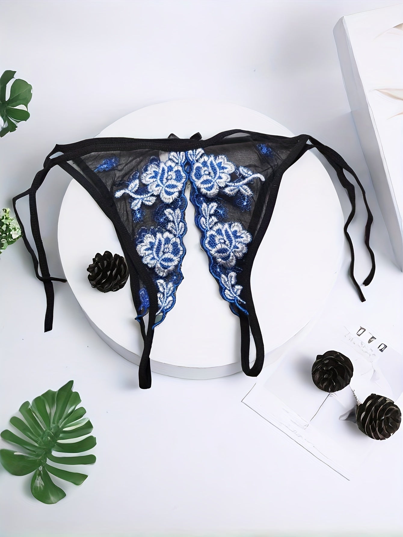 Women's Embroidered Floral Garter Thong Panties with Adjustable Slit and Knit Fabric