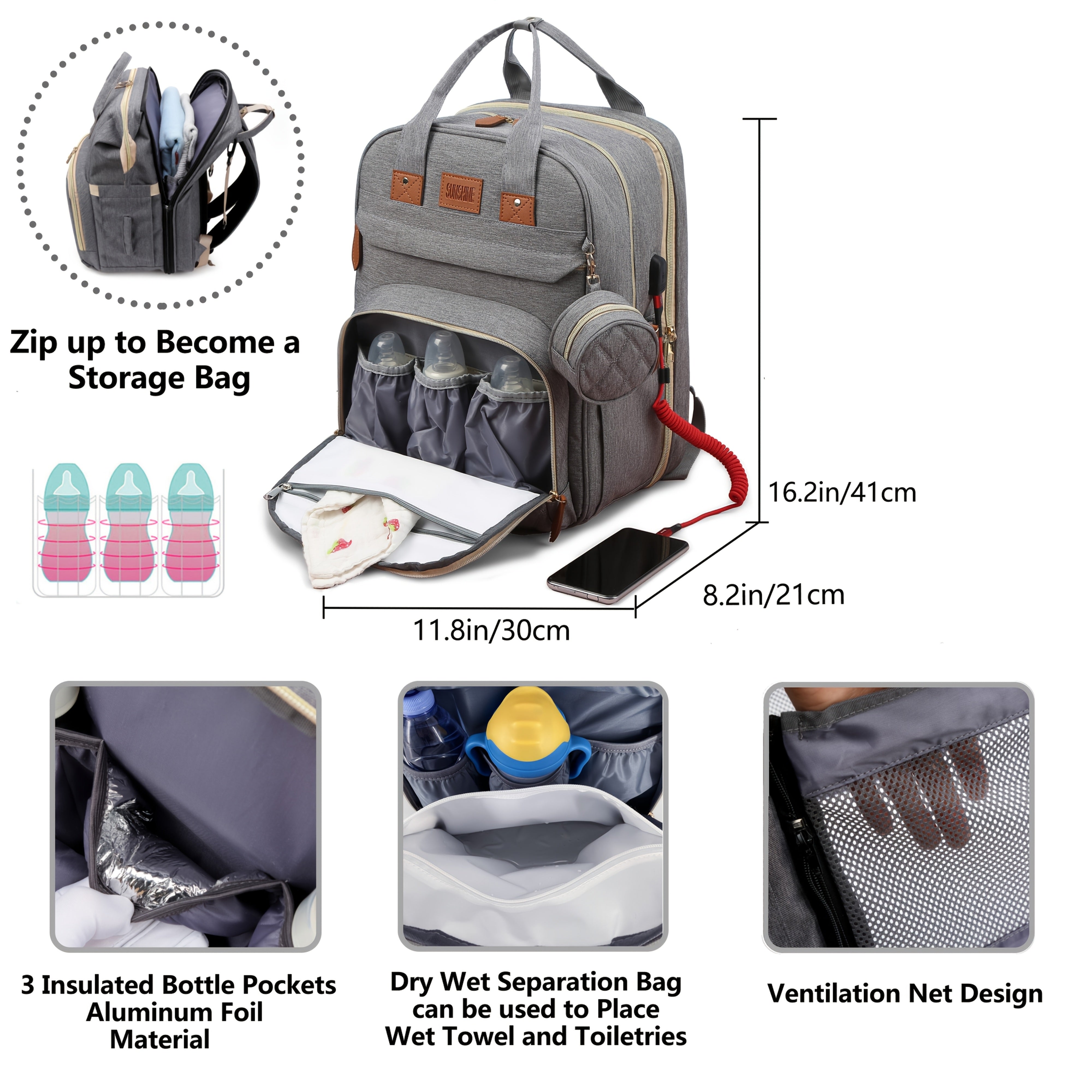 Diaper Bag Backpack for Moms and Dads Polyester Travel Bag with USB Charging Port and Utility Pocket