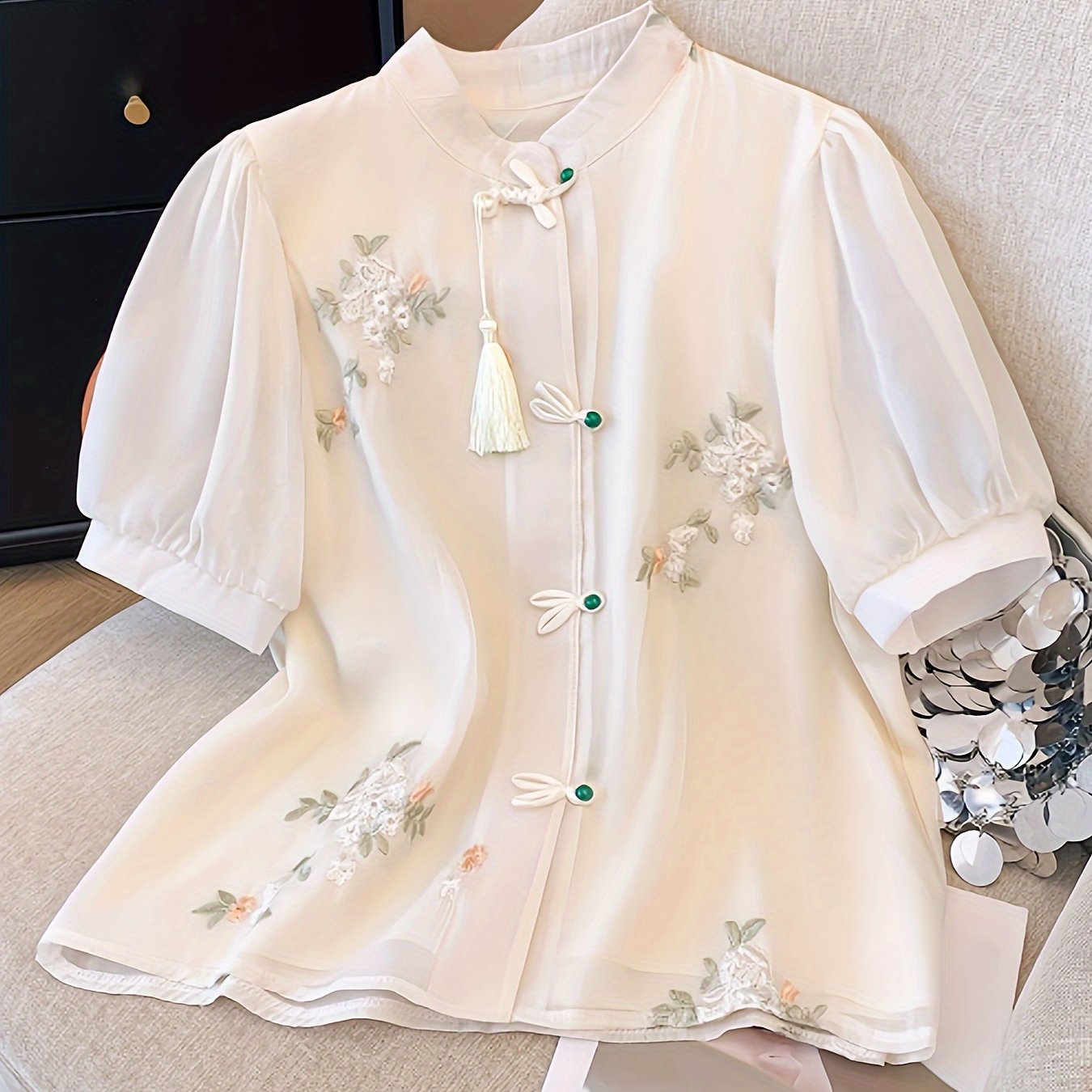 Women's Floral Blouse with Ruffled Cuffs and Tassel Details for Spring Summer