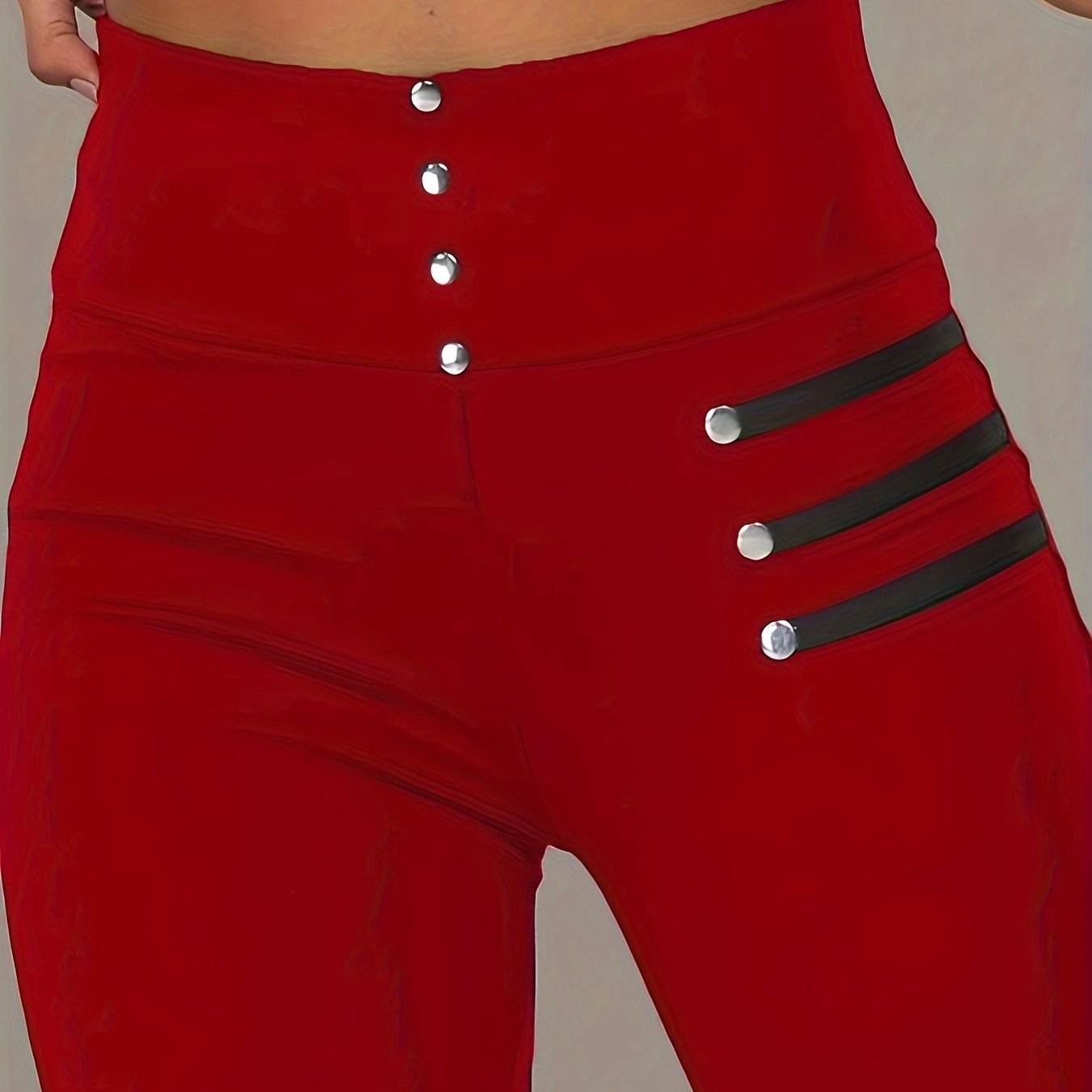 Women's High-Waisted Skinny Pants Dark Blue Faux Button Stretch Polyester Casual