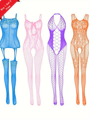 Women's Colorful Jacquard Fishnet Bodystocking with Free Lingerie and Underwear