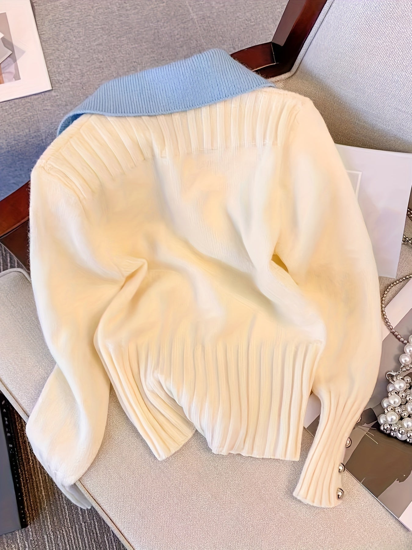 Cárdigan de punto con bloques de color para mujer, poliéster, alto estiramiento, otoño e invierno, elegante