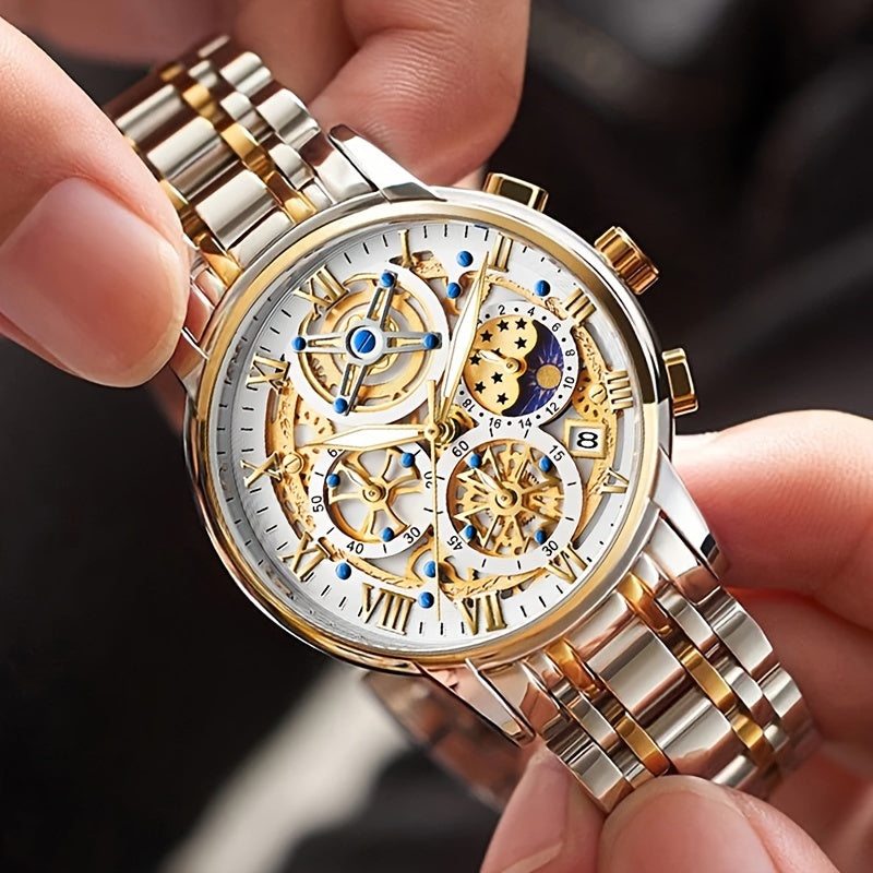 Men's Luxury Quartz Chronograph Watch Stainless Steel Black Dial